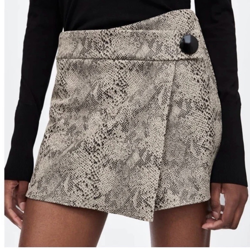 Zara Snake-Print Wrap Mini Skirt - Beige & Black